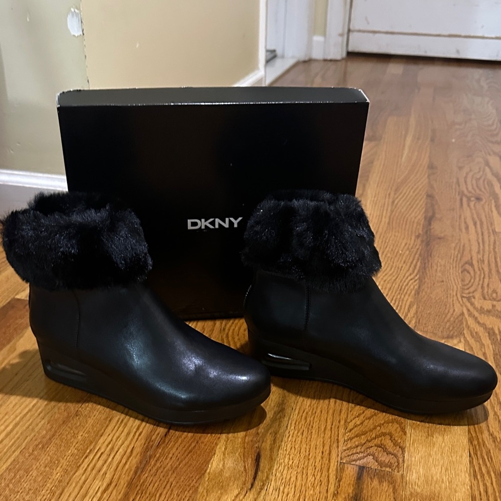 DKNY Faux Fur Trim Black Ankle Booties
